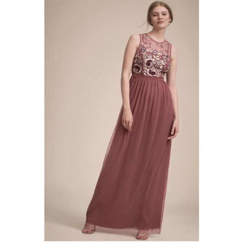 BHLDN Baldwin illusion neck floral embroidered maxi bridesmaid dress